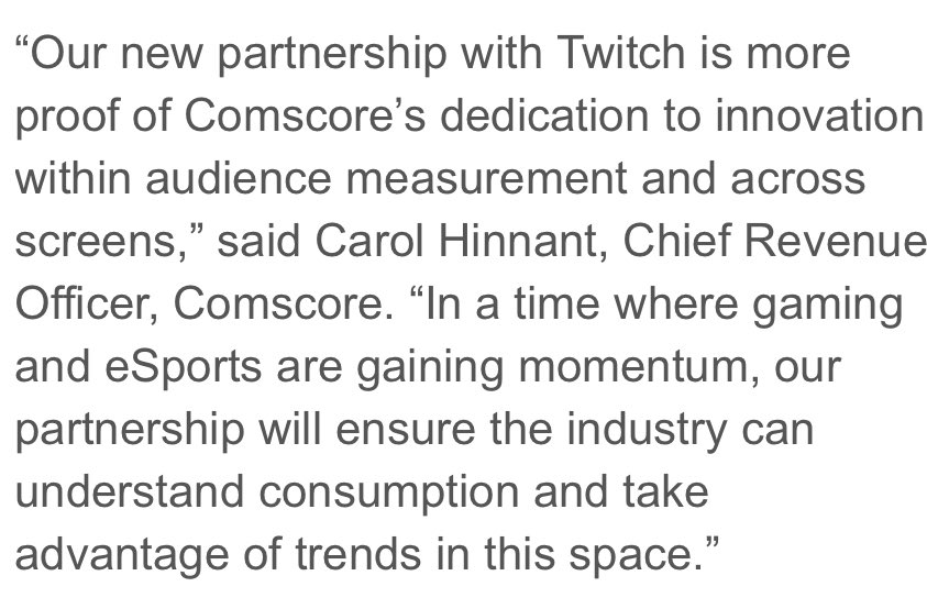 TKGore's tweet photo. .@Twitch + @Comscore partnership βwill ensure the industry can understand consumption and take advantage of trends in this space.β ππ»
Great example of Comscore innovating in cross-platform, cross-screen audience measurement.
π»π±π₯πΊ #currency #esports #sportsbiz #meaurement https://t.co/zpsTcsudzv