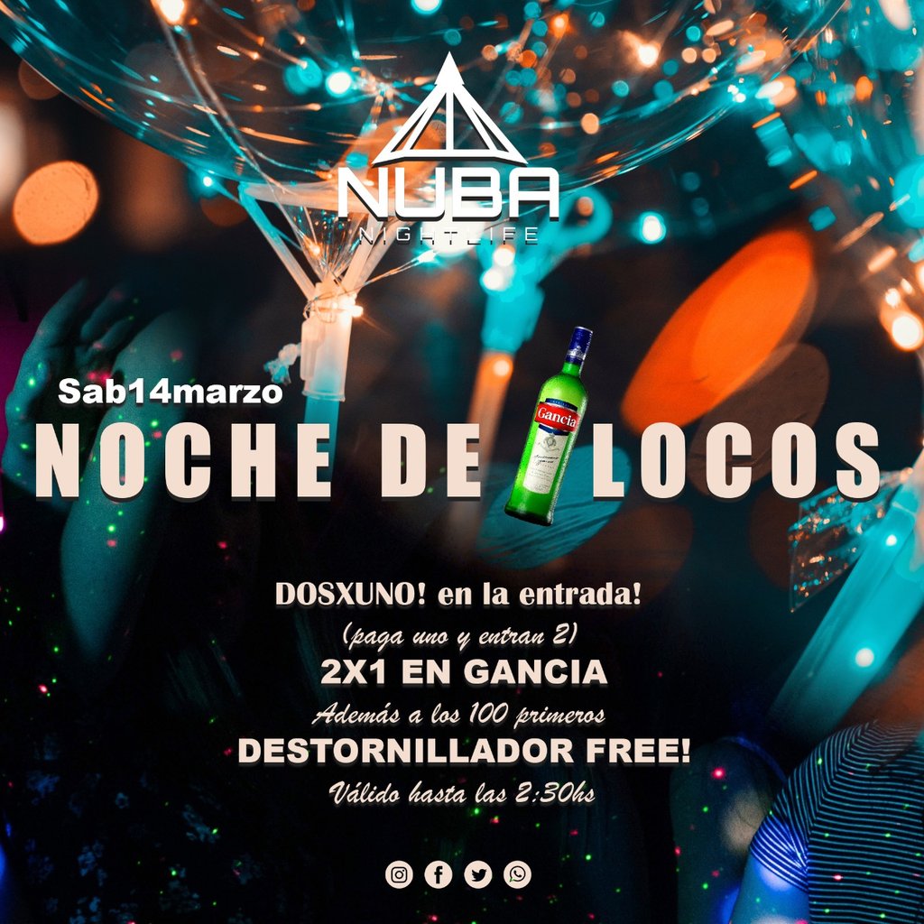 NubaChajari's tweet photo. ⚠SABADO 14 DE MARZO⚠

🙃TE PRESENTAMOS NOCHE DE 
LOCOS🍻🍻🙃

👉DOSXUNO EN LA ENTRADA👈(HASTA 2:30 )

👯PAGA UNO Y ENTRAN DOS👦
🍻DOS X UNO EN GANCIA🍻

😎LOS PRIMEROS 100 EN INGRESAR DESTORNILLADOR FREE😎
 (HASTA 2:30 )

#Sabado #Nuba #Cachengue #FiestaFiesta 
♻RT♻ RT♻ https://t.co/OjSGH0MOmg
