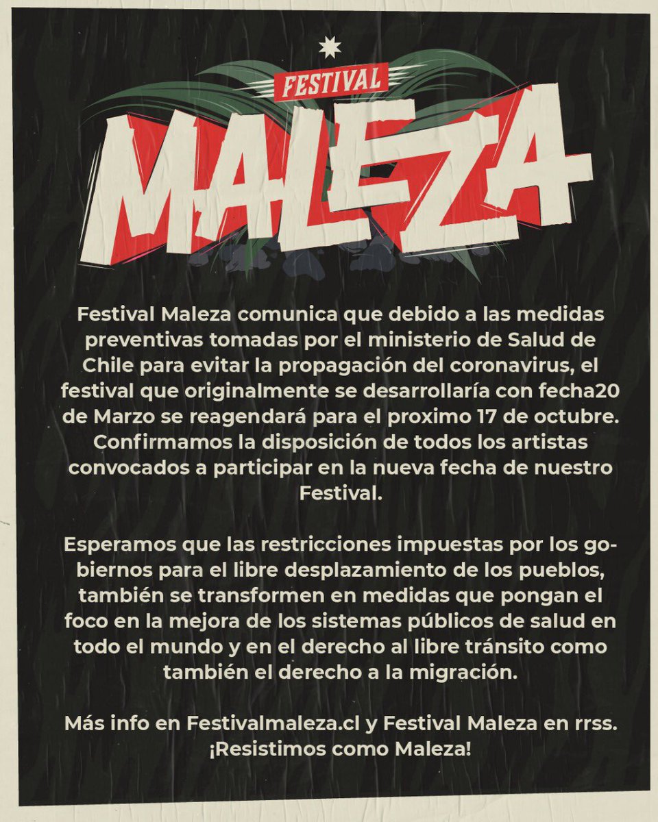 skapoficial's tweet photo. Nos comunican los festivales MALEZA (Chile) y JAMMING (Colombia) el aplazamiento de los mismos a consecuencia del Coronavirus. 
Hacemos hincapié en que es un APLAZAMIENTO y no una suspensión. Los dos festivales ya tienen nueva fecha y por supuesto cuentan con nuestra presencia. https://t.co/1rQpEwRkzh