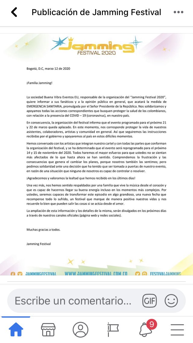 skapoficial's tweet photo. Nos comunican los festivales MALEZA (Chile) y JAMMING (Colombia) el aplazamiento de los mismos a consecuencia del Coronavirus. 
Hacemos hincapié en que es un APLAZAMIENTO y no una suspensión. Los dos festivales ya tienen nueva fecha y por supuesto cuentan con nuestra presencia. https://t.co/1rQpEwRkzh