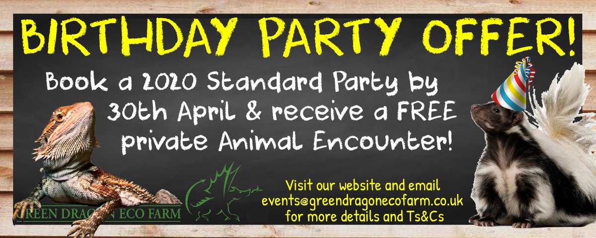 Looking for a children’s birthday party with a difference? Book a standard Birthday Party package before the end of April &amp; the whole party can enjoy a FREE close-up 30 minute Animal Encounter! Read more: greendragonecofarm.co.uk/birthday-party… 🥳