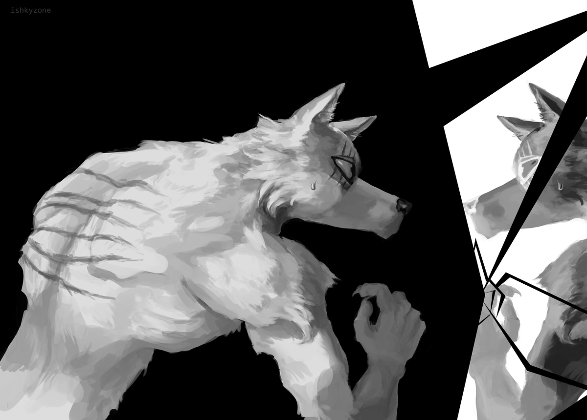 famouslemur426 A satanic wolf aggressive looking wild brutal  centered empty background high detail anime style 2d line art black  white and blue