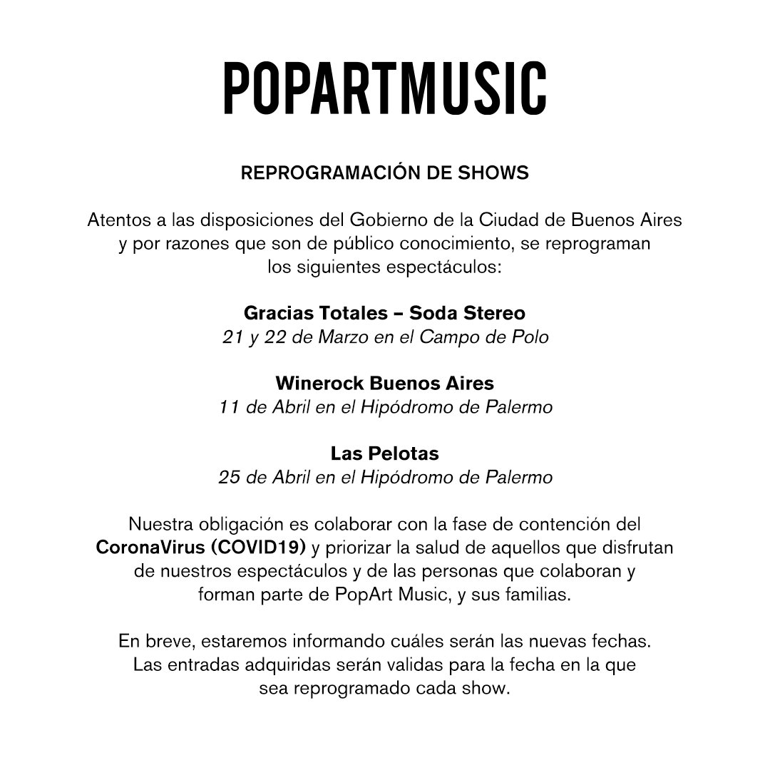 OndaRocking's tweet photo. #NEWS 💣 Por recientes hechos de público conocimiento, y por alerta sanitaria se suspenden recitales y festivales😭💥
#SESUSPENDE #SHOWS #FESTIVALES #lollapalooza #sodastereo #lunapark #RECITALES #QUEBAJON #coronavirus #virus #cod #why #YAHORAQUE #SINRECITAL
#OndaRocking 🤙🤟 https://t.co/7lhbkgruGh
