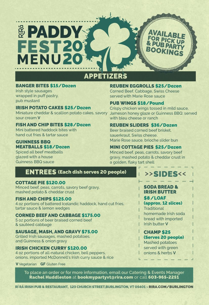 Bring back some Irish favorites to your office party or staff event this March! Pick and choose YOUR favorites 💚

Call Rachel at 603-965-2251 or email bookmypartyvt@rira.com to place your order today!