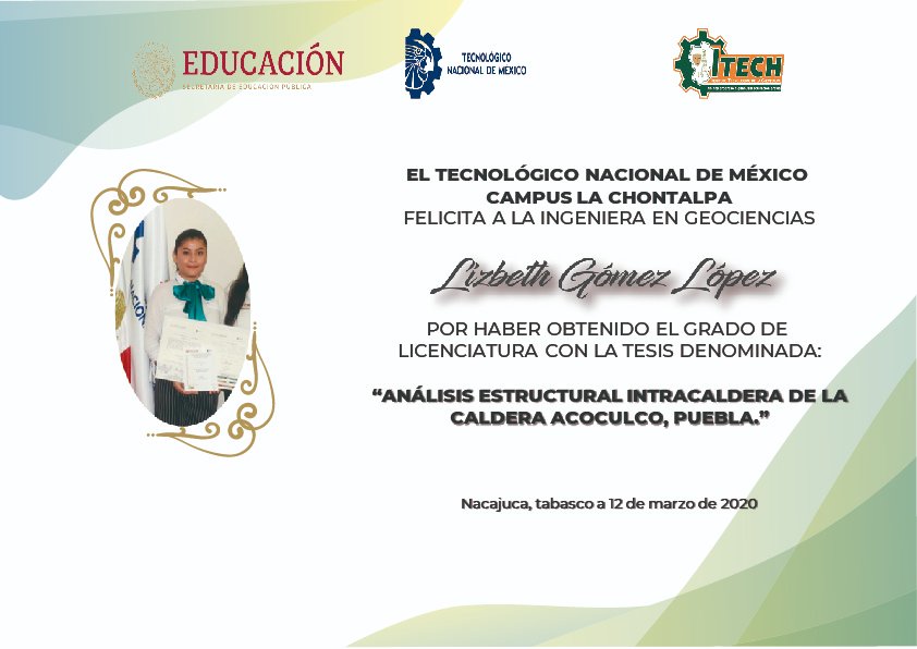 itdelachontalpa's tweet photo. El #TecNM Campus la Chontalpa, felicita a la señorita Lizbeth Gómez López, por ser la primer egresada en obtener el título de INGENIERA EN GEOCIENCIAS por la modalidad de Tesis. #OrgulloITECH https://t.co/1BpujMZVRs