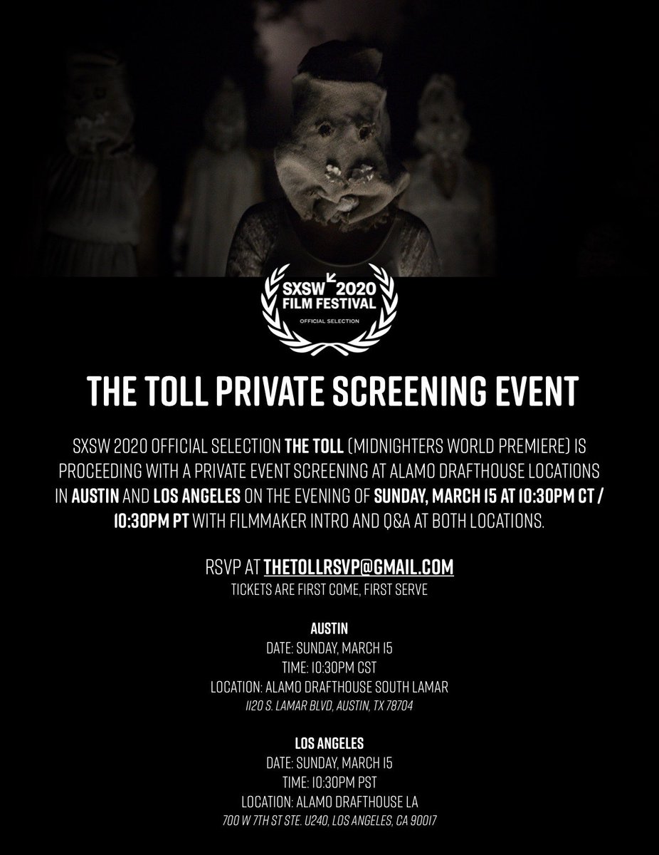TreyHilburn's tweet photo. The Toll must go on! Attention LA and Austin folks. One of the films that was set to play the now cancelled SXSW is now doing a special private screening event All you have to do is RSVP to the email below. The Toll is sure to play great for our horror fan. @BrandyFons #thetoll https://t.co/uYEz0ftm4J