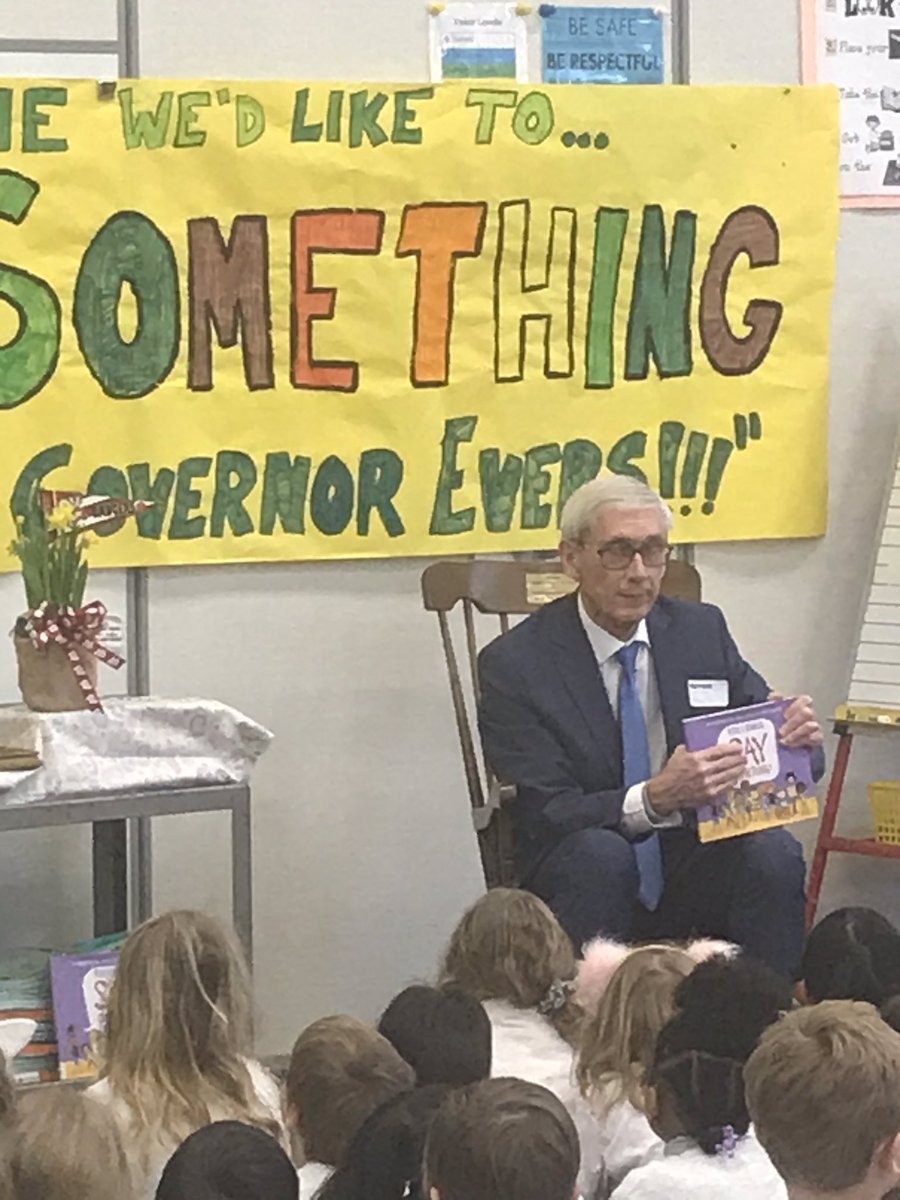 VHEHedgehogs's tweet photo. What an amazing day at VHE! Governor Evers visited with groups of students, answering questions and sharing stories. We gave him his own copy of the book Say Something, our all school read. @MMSDschools https://t.co/dplAHAURV6
