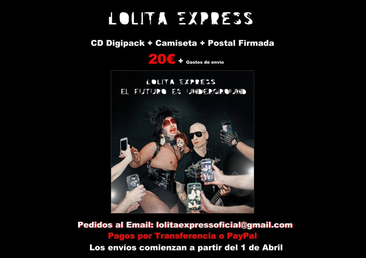 lolita_express's tweet photo. PACK ESPECIAL 📀+👕+📜
CD Digipack + Libreto de 16 páginas + Camiseta + Postal firmada - 20€ (más gastos de envío certificado)

Pedidos al Email: lolitaexpressoficial@gmail.com 📧
.
. 💸💳Pagos por Transferencia o PayPal 📦Envíos comienzan a partir del 1 de Abril. https://t.co/XKChDT3F6H