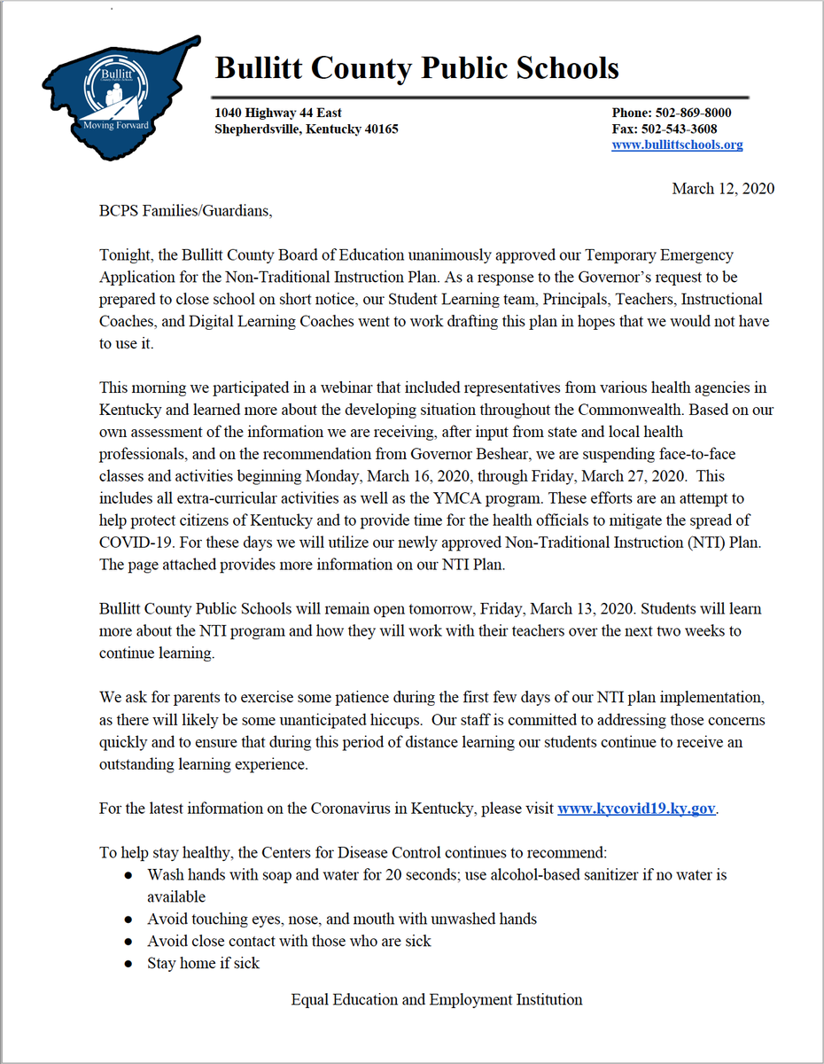 bcpsky's tweet photo. BCPS is suspending all face-to-face classes and activities beginning Monday, March 16, 2020, through Friday, March 27, 2020.  This includes all extra-curricular activities as well as the YMCA program. https://t.co/nGETbZe7t8