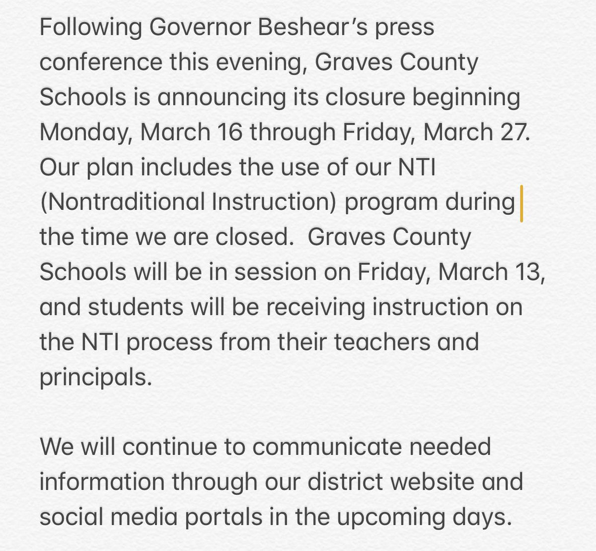 IMPORTANT: Please see below an announcement concerning Non-Traditional Instruction and COVID-19.