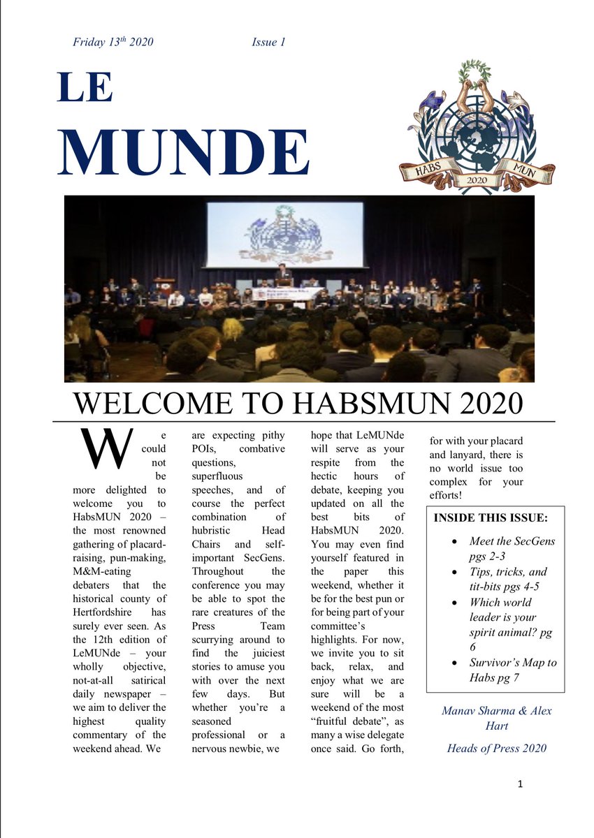 HABSMUN's tweet photo. 1/ We regret to inform you that HABSMUN 2020 has been cancelled due to Covid-19. We are very upset that we could not host you this year, but hope it is understandable why this decision was made. Please find attached our full statement, as well as LeMunde #1 - HABSMUN Exec Team https://t.co/qmeUKYEfml