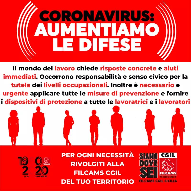 FilcamsSicilia's tweet photo. #Coronavirus. Il mondo del #lavoro chiede #risposte concrete e #aiuti immediati.Occorrono #responsabilità e senso civico per la #tutela occupazione.Necessario #applicare le #misure di #prevenzione e #fornire i #dispositivi di #protezione a tutti i lavoratori.
#AumentiamoLeDifese https://t.co/7fDsYlraax