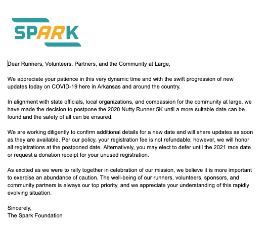 MySparkFDN's tweet photo. Important update regarding COVID-19 and #NuttyRunner5k

In alignment with state officials and local organizations, we have made the decision to postpone the 2020 Nutty Runner 5K until a more suitable date can be found and the safety of all can be ensured. https://t.co/K88DR1J4Sy