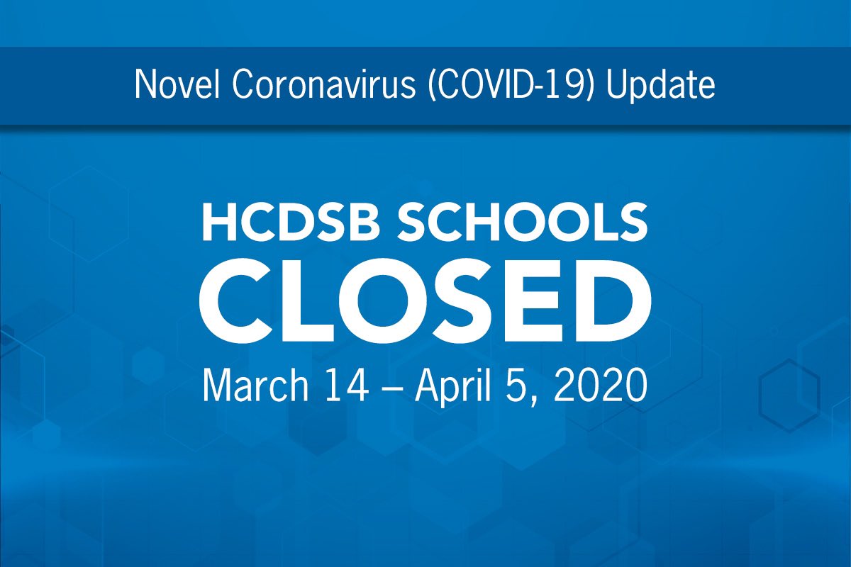 HCDSB's tweet photo. The Minister of Education issued a Ministerial order to close all schools for two weeks following March Break due to the emergence of #COVIDー19. All HCDSB schools will be CLOSED from March 14 - April 5, 2020. More info available on our website: https://t.co/PHTUhA7Q38 https://t.co/5qPn3lifkt
