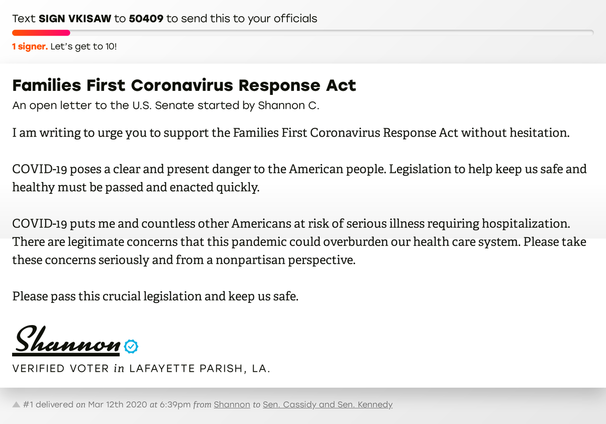 openletterbot's tweet photo. 🖋 Support Shannon in Lafayette, La. by signing “Families First Coronavirus Response Act” and I’ll deliver a copy to your officials too: https://t.co/wIFxuTJXWj

📨 Last delivered to @BillCassidy and @SenJohnKennedy #LA03 #LApol #ProtectOurCare https://t.co/brzPhrKQ0a