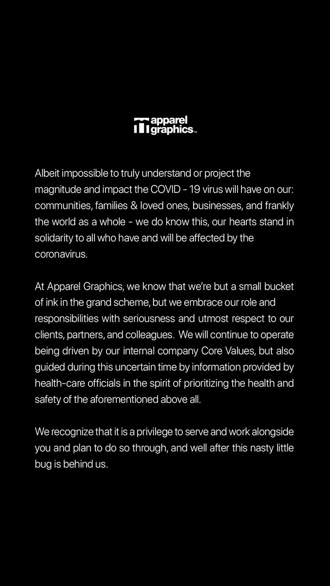 apparelgraphics's tweet image. A letter to our Apparel Graphics customers and community.