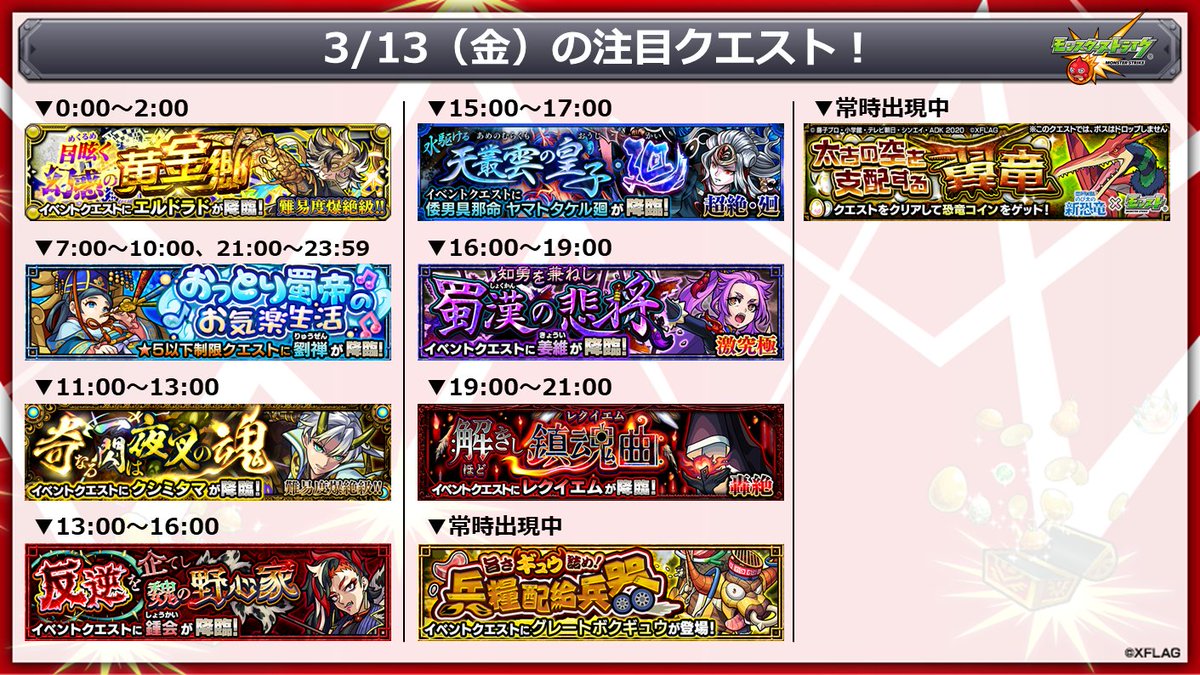 モンスターストライク公式 モンスト 本日 3 13 の注目クエスト 三国志 T Co Olulsxhscb 映画ドラえもんコラボ T Co Z7r0jspkve コラボクエスト クリアで集めた恐竜コインで アイテム引き換えやドラえもん達を仲間に