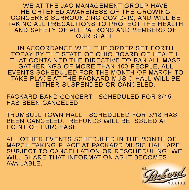 We at the JAC Management group have heightened awareness of the growing concerns surrounding COVID-19, and will be taking all precautions to protect the health and safety of all patrons and members of our staff.