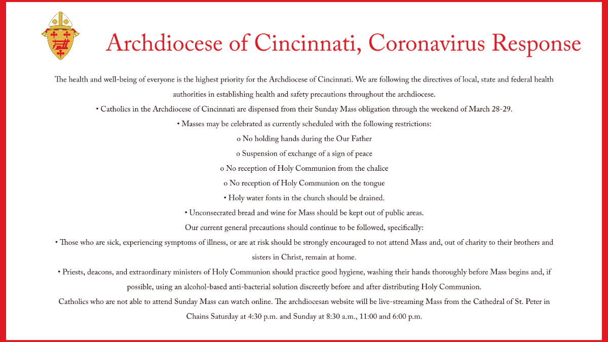 Catholiccincy On Twitter Covid 19 Response Catholics In The Archdiocese Of Cincinnati Are Dispensed From Their Sunday Mass Obligation Through The Weekend Of March 28 29 More Information Https T Co Kujazbaoaa