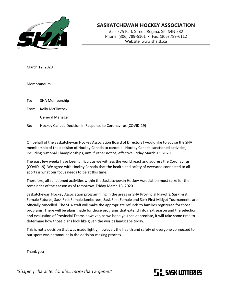 We are currently experiencing a large volume of views on our website which has caused the page to crash. Provided below is the memorandum issued today regarding the Hockey Canada Decision in Response to COVID-19.