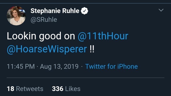 among MSNBC hosts besides Williams because Stephanie  @SRuhle exclaimed in a now deleted tweet, "Looking good on  @11thHour Hoarsewhisperer!" After this happened, someone figured out who Hoarse really was: one of the white heterosexual men for whom he has such contempt. (51/?)