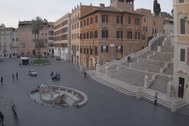 PaulKadak's tweet photo. Deserted #Rome: late afternoon view of the normally bustling #TreviFountain, #SpanishSteps &amp; #PiazzaNavona - cleared by #coronavirus. All but supermarkets &amp; pharmacies ordered closed as virus death toll in #Italy soars past 1,000. Latest on #COVID19 on #7NEWS. https://t.co/yf0tGlSbL1