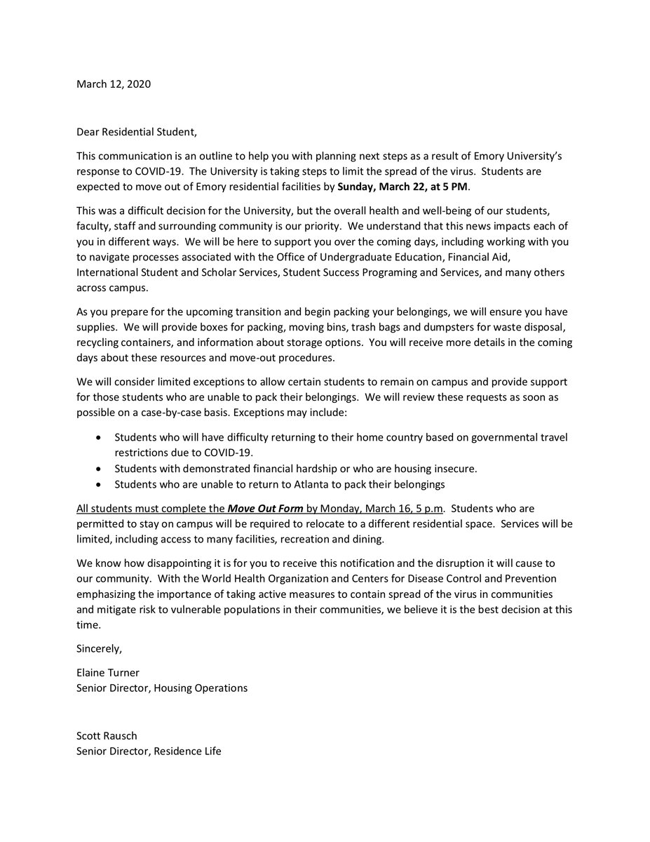 CampusLifeEmory's tweet photo. 📧‼️ The following message was sent to all residential students this afternoon. Please complete this Move Out Form ASAP: https://t.co/IOCBqIs9J7

Students requesting exceptions must complete by Mon. 3/16 by 5p.m.

#LifeAtEmory https://t.co/YjP49JNtxK