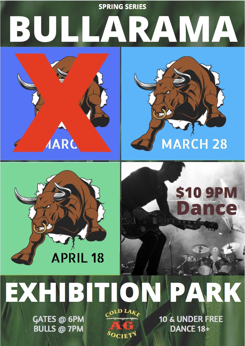 ColdLakeAg's tweet photo. No Bull! - Bullarama #1 is CANCELLED in accordance with the statement made by Alberta's Chief Medical Officer of Health advising against gatherings of more than 250 people. https://t.co/b1FOt8hssd #aaas #cancelled #Covid_19 #coldlake https://t.co/WbwriXhZTJ