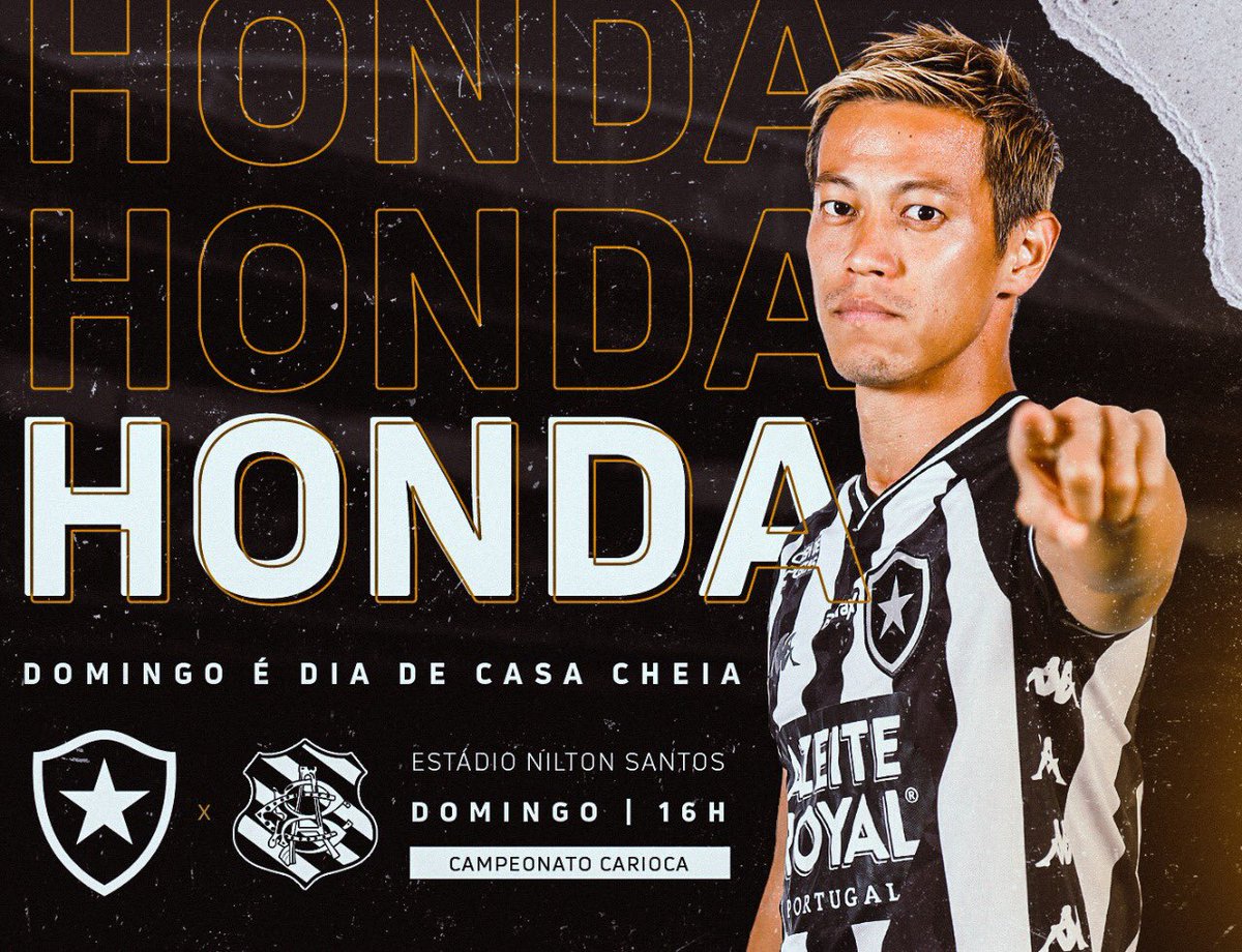 Botafogo's tweet photo. O JAPA VAI JOGAR! 🇯🇵🔥

Chegou a hora! Domingo tem a estreia de Honda pelo meu FOGÃO! Vamos lotar o Nilton Santos e buscar a vitória! 

🎵 Brota no Niltão pra ver a estreia do japonês 🎵 https://t.co/bzcr8jLyPt