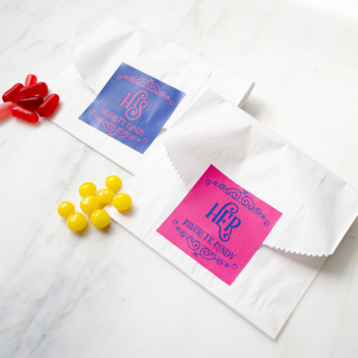 ⁠His: #HotTamales 🔥 Hers: #LemonHeads 🍋. We love embracing all things sweet with couples who like to share their favorite treats with guests. Buy candy in bulk &amp; package in goodie bags with custom sticker labels for an easy favor with that personalized feel everyone loves!⁠