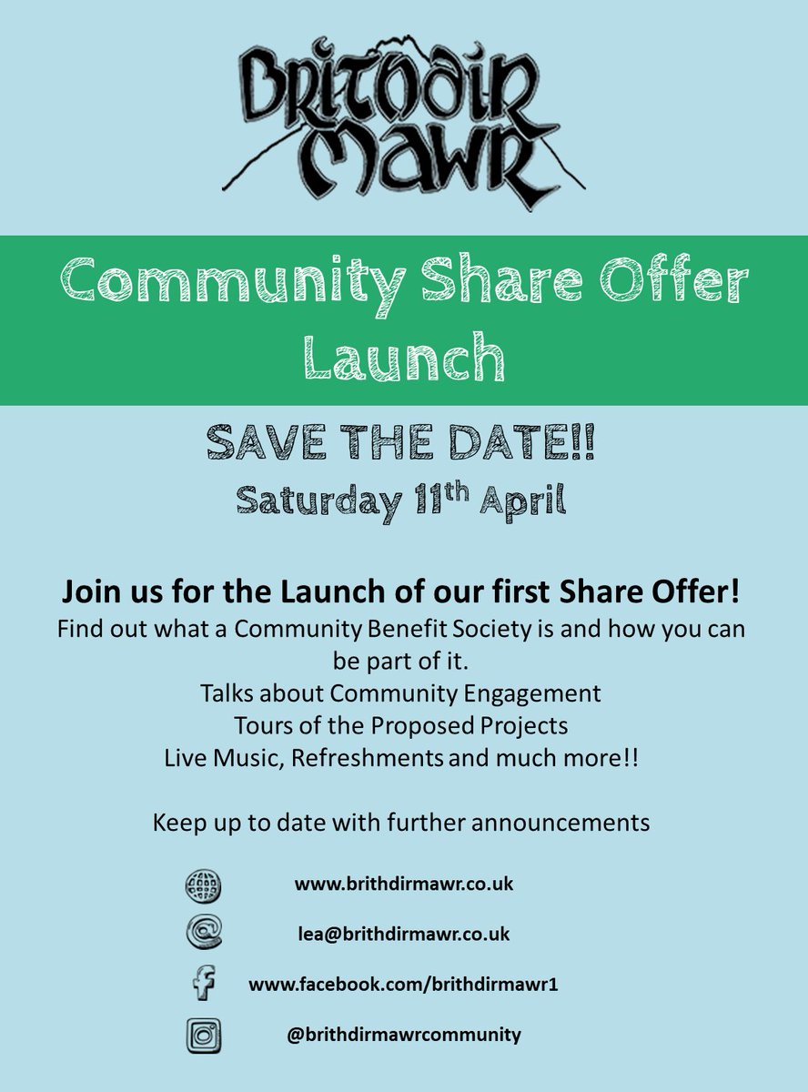 lea_trainer's tweet photo. SAVE THE DATE! @brithdirmawrco1 Community Share Offer Launch! Don't miss out on what is going to be a great event! 
Thanks to @PLANED_Pembs @WalesCoOpCentre @DTAWales @CCLHCymru for all your support! 
Looking forward to working with @ethexuk with the upcoming campaign! https://t.co/IyifNTlsUR