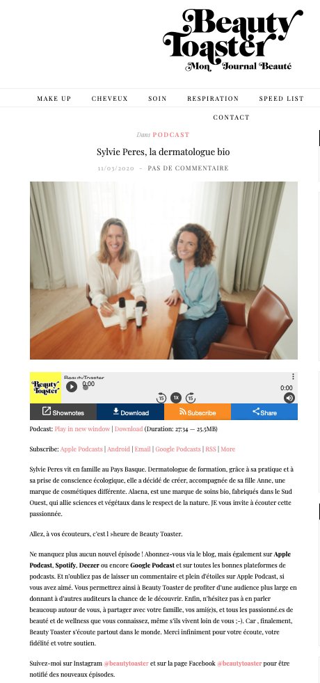 Sylvie Peres, Dermatologue et co-Fondatrice d' Alaena Cosmétique, la marque Bio, au micro de #chantalsoutarson de beautytoaster.fr . Le premier #podcast beauté et bien-être français ! A vos écouteurs 

beautytoaster.fr/2020/03/11/syl…