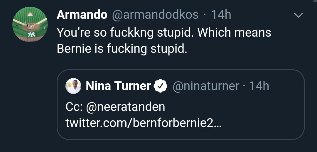 comparison to what male ally, Sanders critic, & then Daily Kos editor Armando Llorens said to Turner: "You’re the stupidest person in politics. It’s fucking amazing how stupid you are. Bernie is finished... stupid ass Bernie is paying you to fuck him." Llorens was (54/?)