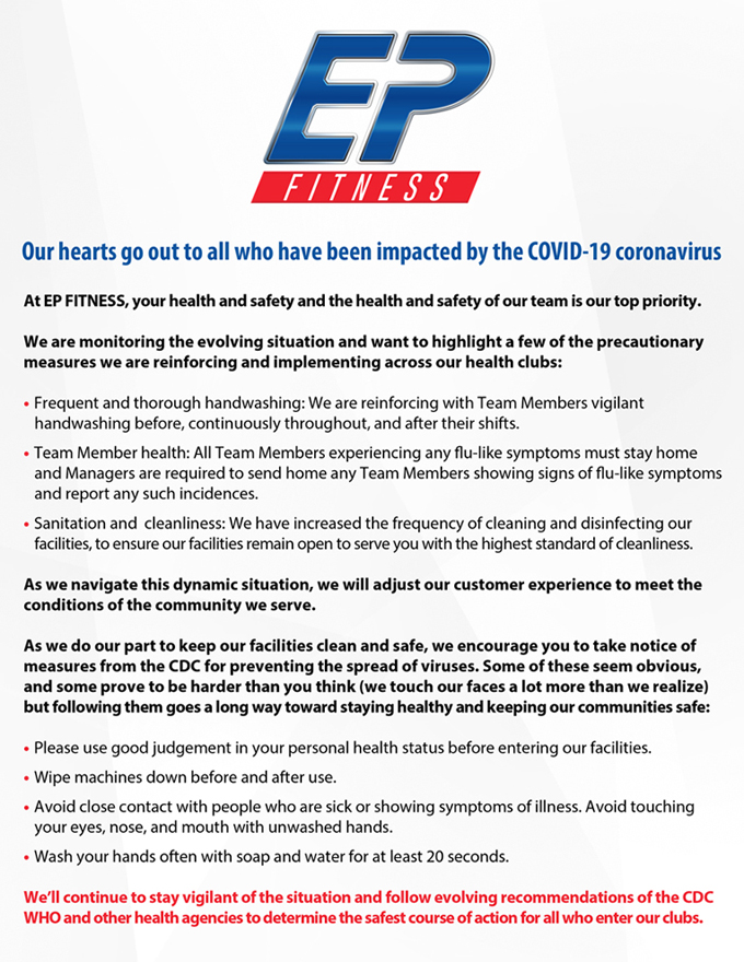 ROCAFitness's tweet photo. Please take note of the actions we are currently taking to help ensure the safety of both our members and staff. We will continue to update on the COVID-19 Coronavirus public health situation as it continues to evolve. https://t.co/ijxT3h4Yj5