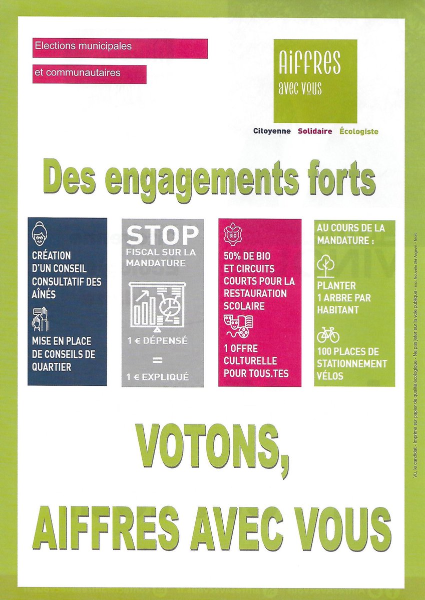 AiffresV's tweet photo. Dernière ligne droite et dernier message avant la fin de notre belle campagne à #aiffres Un seul tour pour le seul vote utile le 15 mars 2020 avec la liste ⁦Aiffres avec vous ! Citoyenne, solidaire et écologiste. Rdv dimanche soir. https://t.co/lLpf0OkNP1