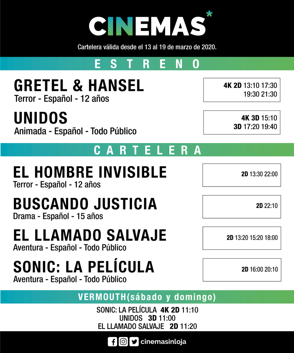 cinemasinloja's tweet photo. El suspenso y terror de #GretelyHansel llegó a #CinemasIn. ¡Hoy gran estreno!
Te compartimos todos nuestros nuevos horarios 🎬 https://t.co/6CJg1tT9aG