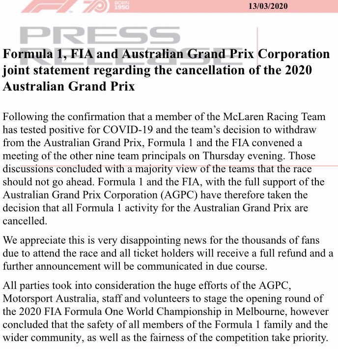Here’s the offical #AusGP statement. #F1 fans will receive full refunds, details to follow. It’s been a very long night and I’m off to get some sleep.