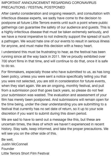 IMPORTANT ANNOUNCEMENT: Unfortunately we have decided to postpone all future scheduled events due to #coronavirus safety precautions, until such point as it is safe to resume. A full statement on this matter by festival founder <a href="/UnstableGround/">Justin McConnell</a> can be read here: