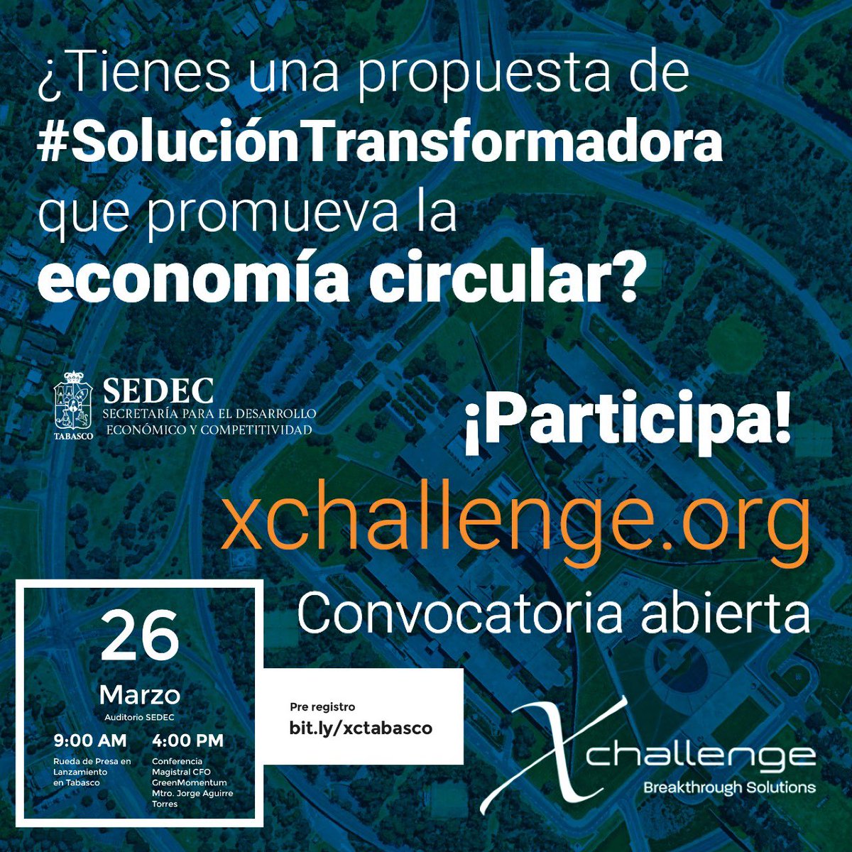 SEDEC_Tab's tweet photo. Tomar acción contra el cambio climático está en tus manos. Postula tu #SoluciónTransformadora en #XChallenge2020 de @CleantechMX y obtén la oportunidad de ganar $200,000 y otros premios especiales.
Regístrate➡ https://t.co/jk12VZF0gx
Info: https://t.co/of8g34qUfI #RedCleantech https://t.co/Q2OrnzfNTn