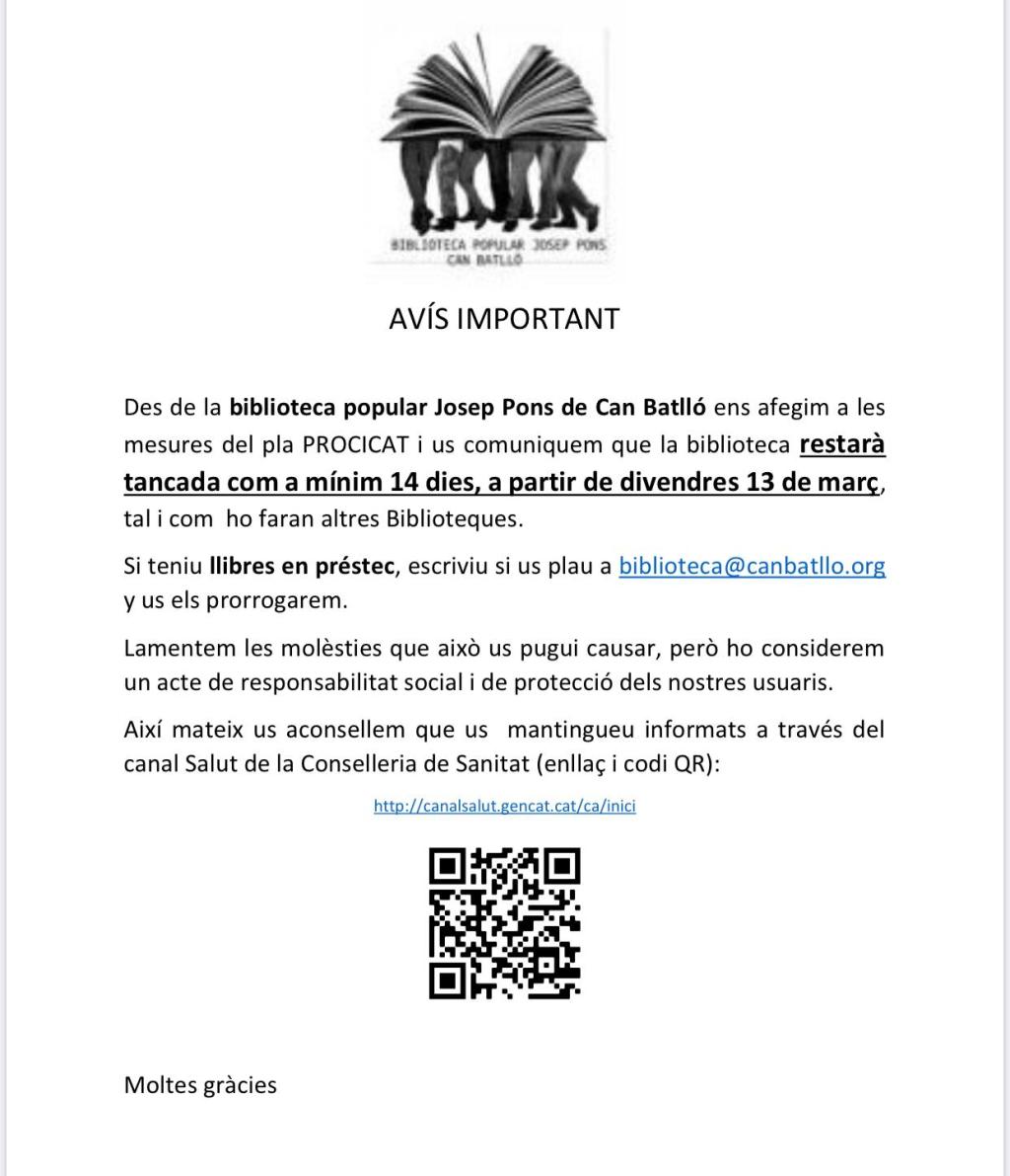 bibliocanbatllo's tweet photo. Avís important. Tancament temporal de la biblioteca. https://t.co/sgNwpc2FTY https://t.co/27rxAW7KeE