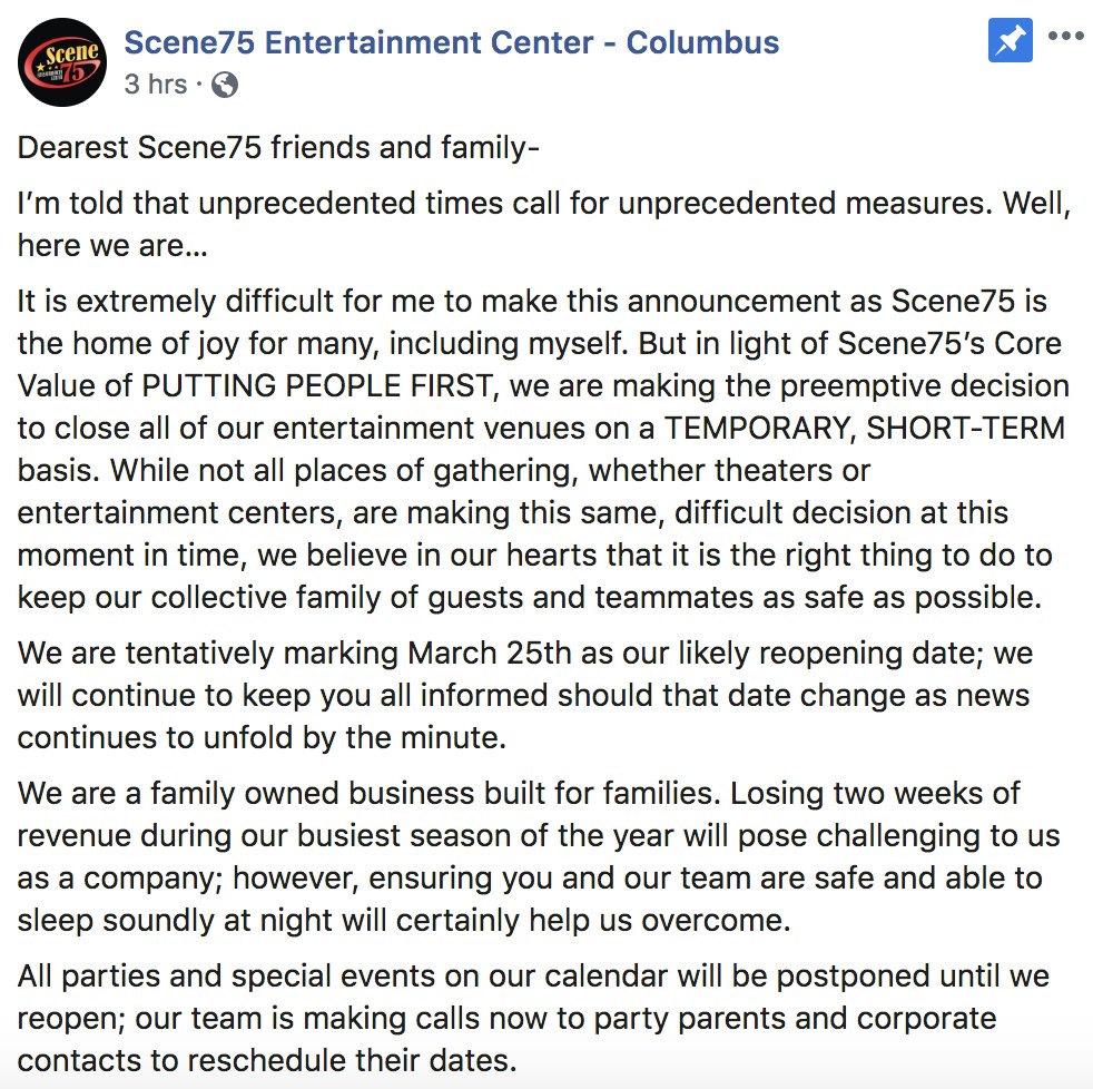 .<a href="/Scene75/">Scene75</a> has closed all locations including Mall at Tuttle Crossing till March 25.

"I hope and pray that you will join us by the BUSLOAD when the virus has worked its course. ... We will be here waiting with arms wide open and a smile to greet you at our doors upon reopening."