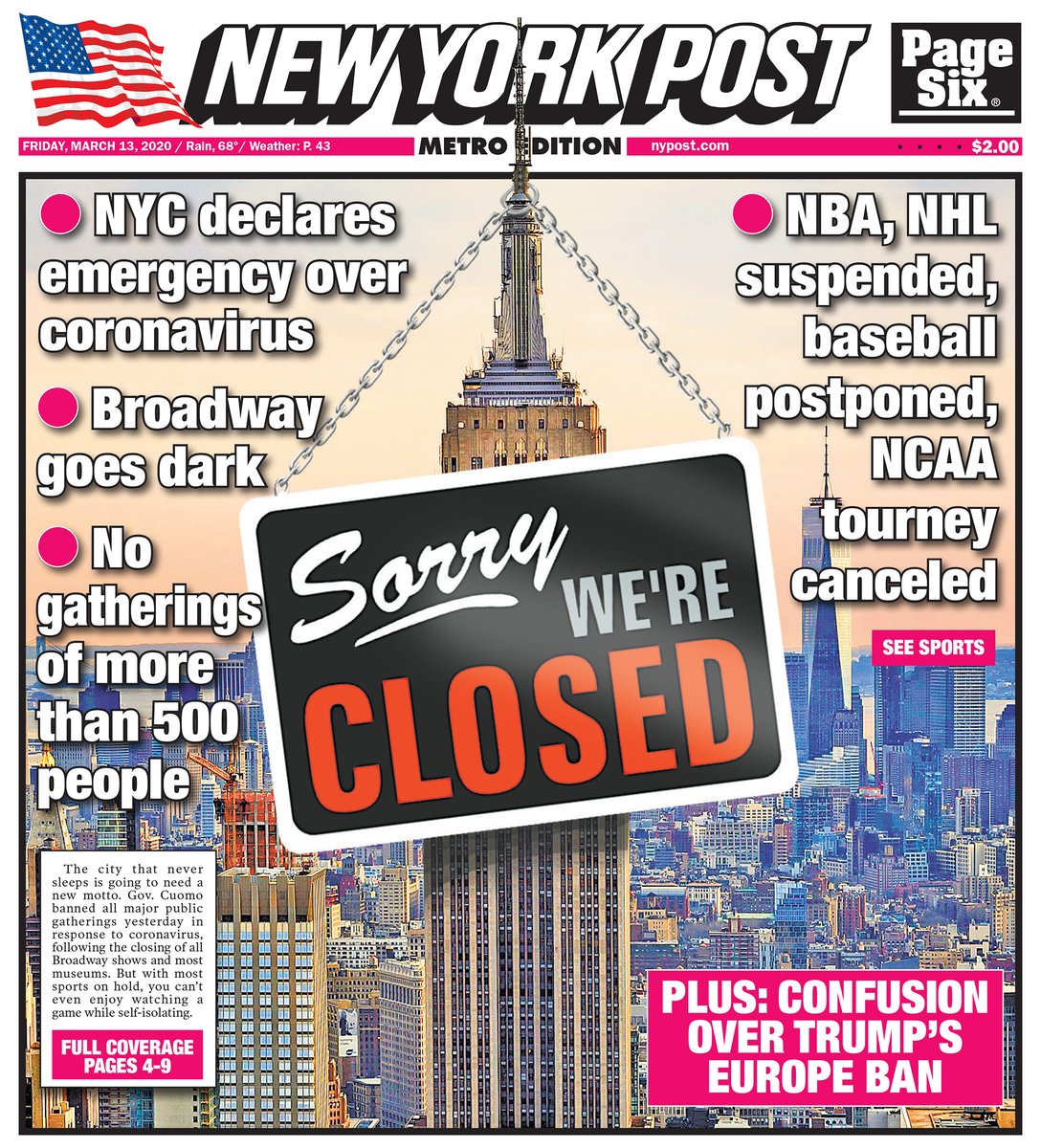 nypost's tweet photo. Tomorrow's cover: De Blasio declares NYC state of emergency to stem coronavirus https://t.co/VlWiwU5FfH https://t.co/Gm8vuLfzmt