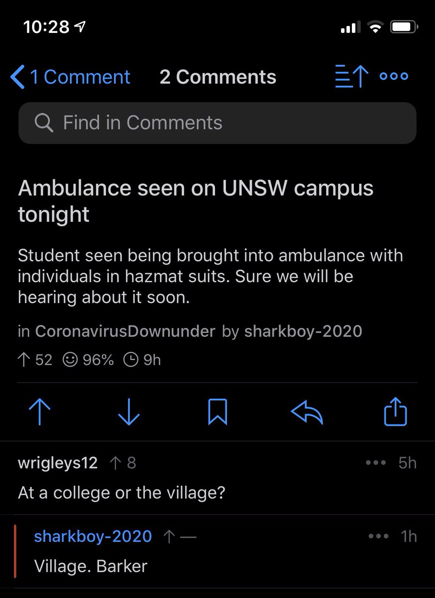 A reddit post in the UNSW subreddit. User “sharkboy2020” posts “Ambulance seen on UNSW campus tonight. Student seen being brought into ambulance with individuals in hazmat suits. Sure we will be hearing about it soon”. User “wrigleys12” asks in a comment, “At a college or the village?”. The original poster, sharkboy-2020, replies “Village. Barker”.