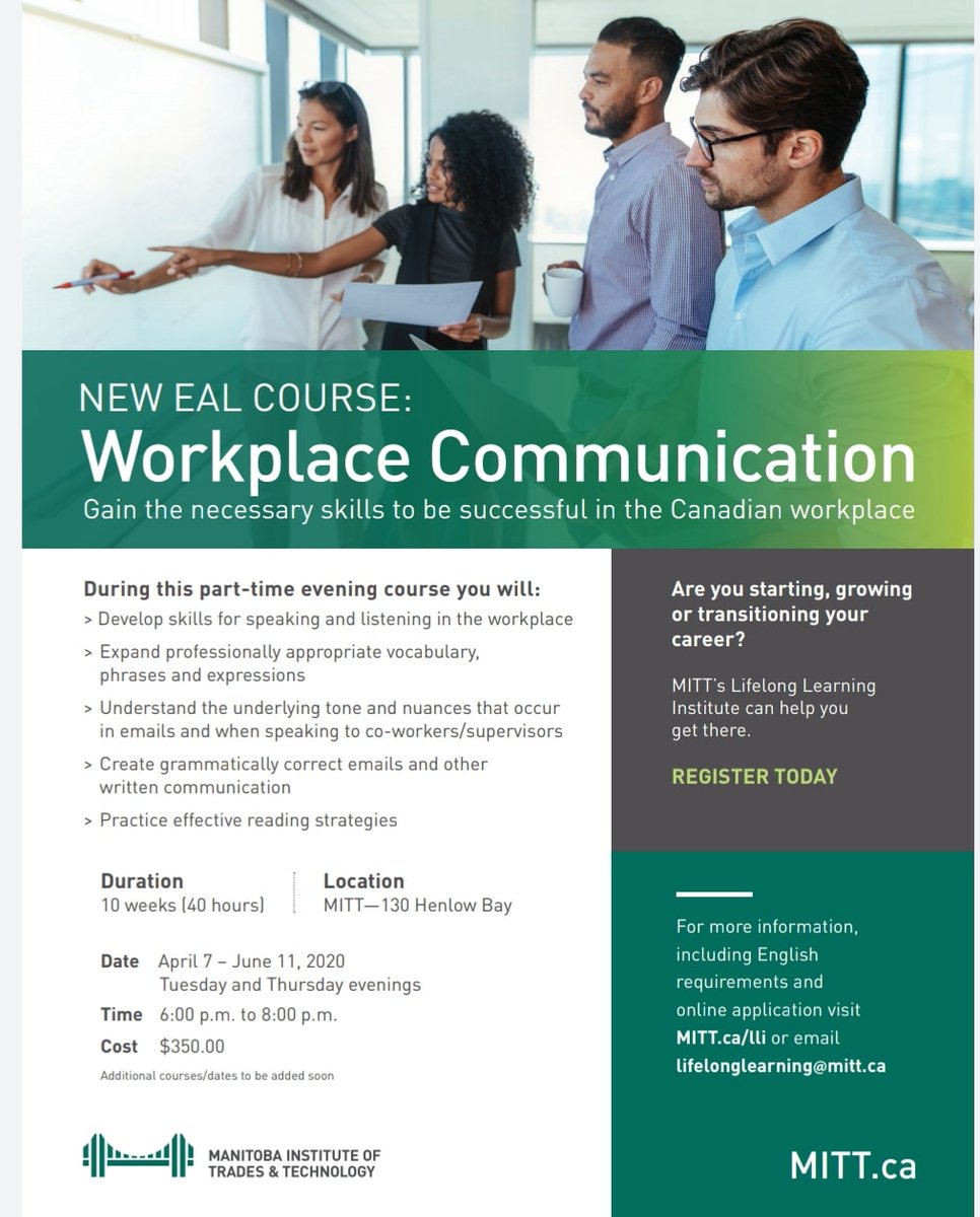 MITT is offering a new EAL course: Workplace communication! Click on the picture for more information.