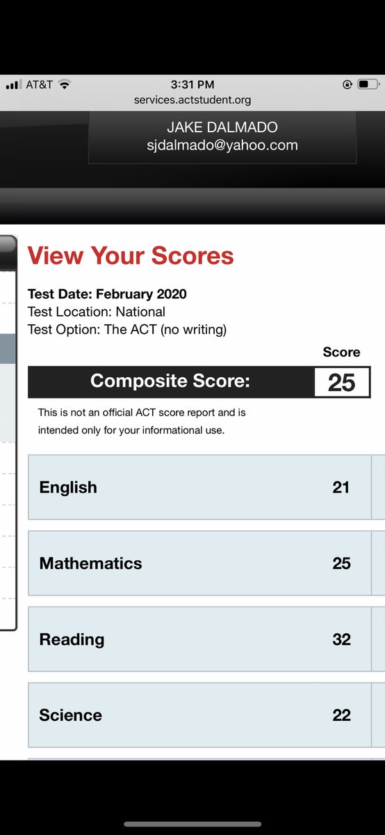 jakedalmado24's tweet photo. Finally got my ACT score today! 25 composite score and a 32 in reading. Worth all the hard work. @RecruitLouisian @MichaelPernici2 @scott_wattigny @s_dalmado35 @justamom48XOS https://t.co/jRr8OLjERG