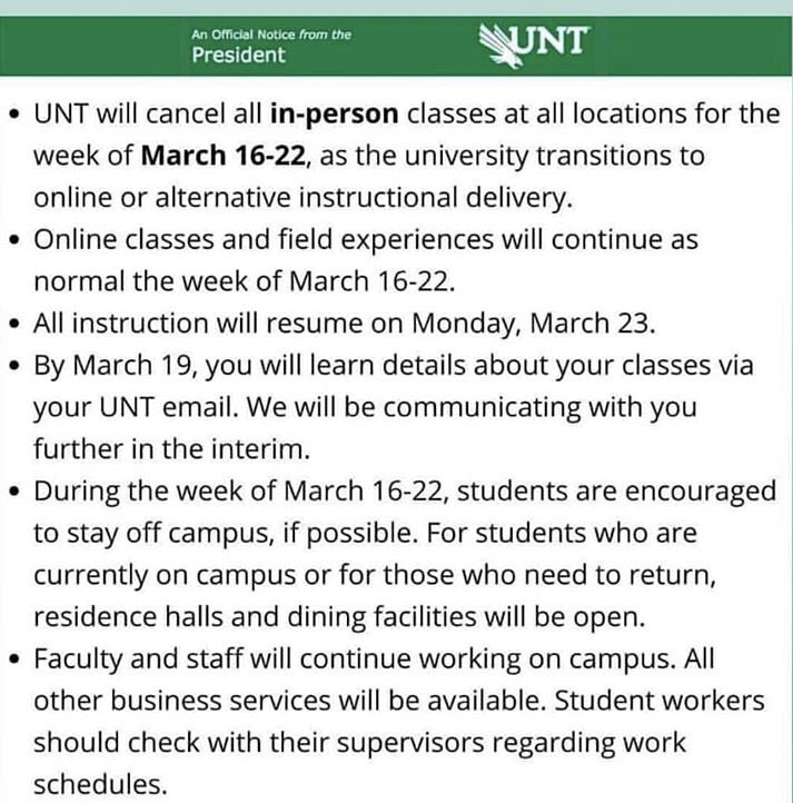 UNTCOSadvisor's tweet photo. We want to ensure the safety of our students, faculty, staff, and guests. If you have advising questions, feel free to call or email us!
Please be sure to also monitor your EagleConnect email address for additional updates.
#UNT #UNTCares #COSCares https://t.co/9eT7ogutvz