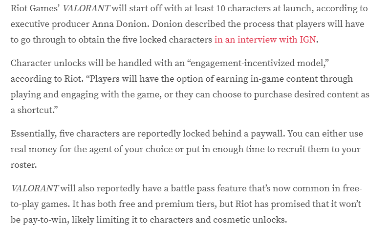 RLewisReports's tweet photo. In an interview Riot have said that 5 of the 10 Valorant launch characters will be behind a paywall. Don't have any issues with this in certain types of game, but don't think this is the right model for a class based competitive shooter they hope will compete with CS:GO and OW. https://t.co/MSLW7gkZv5