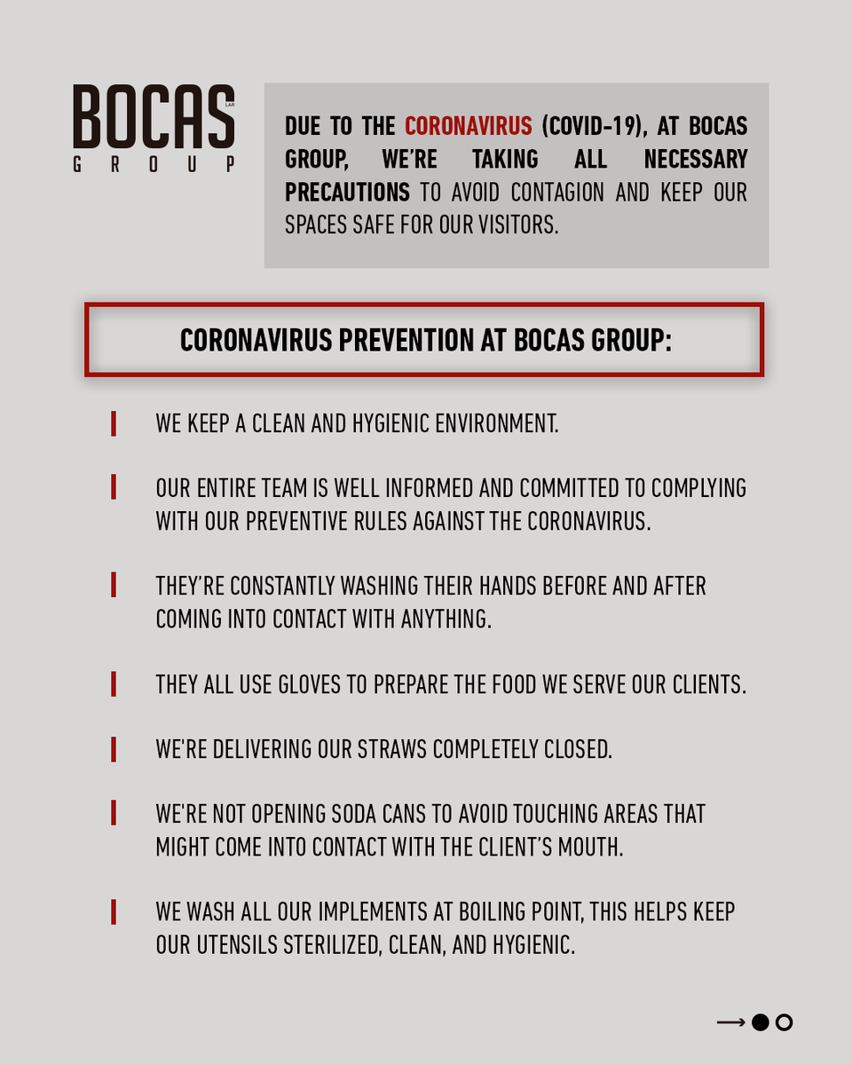 bocasgrill's tweet photo. We’re taking precautions to avoid contagion! Read the statement

#CoronavirusPreventions https://t.co/4iuudTkOiq