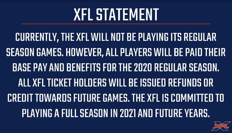 realXFLfootball's tweet image. We will not be finishing the season.

We are not going away.  We are not folding.  This is to protect the public health.

If you numbnuts want to crack jokes, go ahead.  We can take it and everyone can use a good laugh now.

We will be fucking back.  #XFL