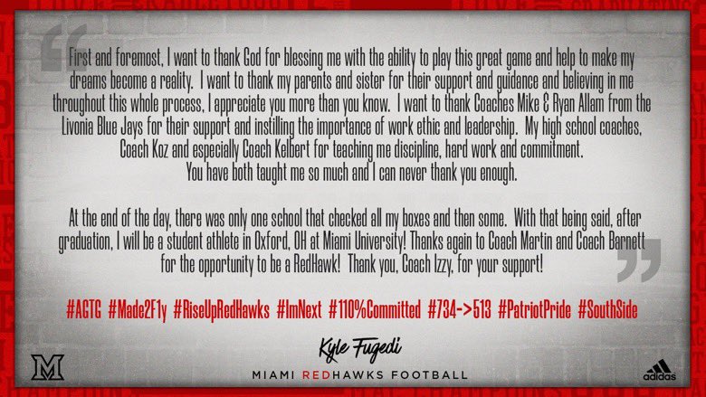 kylefugedi's tweet photo. Proud to be able to call my self a RedHawk! #RedHawks #OlinePride #MADE2F1Y #Ag2g @Martin_Miami_HC @CoachBarnett_MU @IWMiamiFootball @MiamiOHFootball @RedHawk_Recruit @AllenTrieu @FranklinFootbal @247Sports @Rivals https://t.co/IlFu7HrTZP